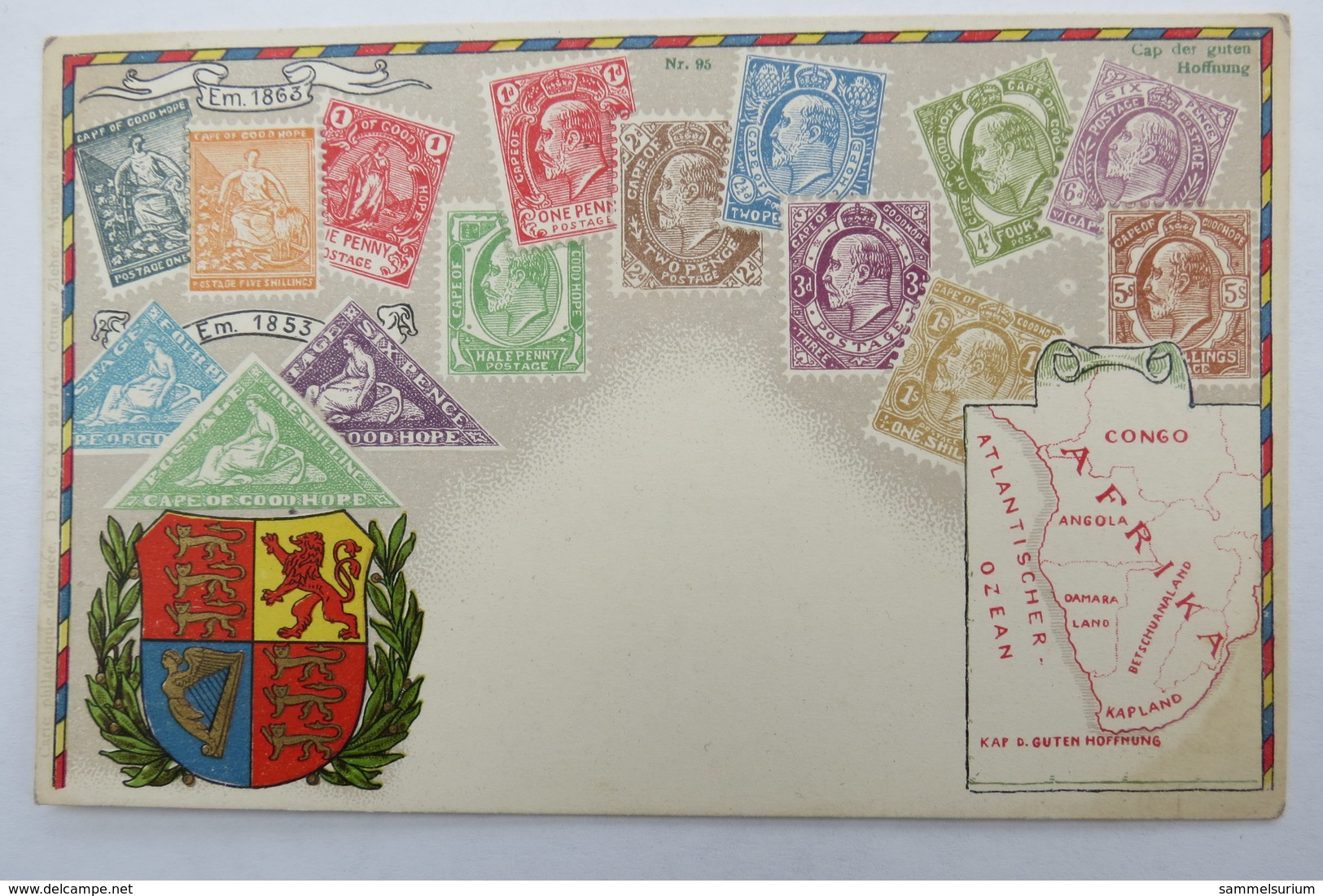 (10/7/100) Postkarte/AK "verschiedene Briefmarken Vom Cap Der Guten Hoffnung", Mit Wappen, Mit Umgebungskarte, Um 1900 - Timbres (représentations)