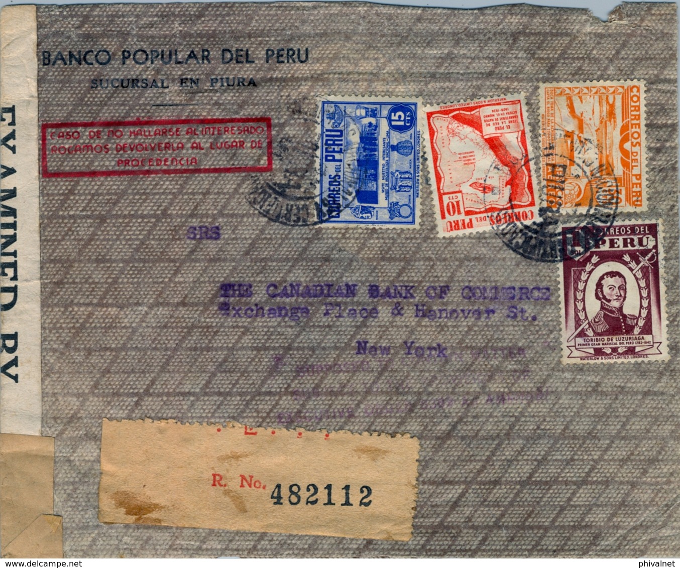 1942 , PERÚ , SOBRE CERTIFICADO DEL BANCO POPULAR DEL PERÚ , PIURA - NUEVA YORK , CENSURAS , TRÁNSITOS , LLEGADA - Peru