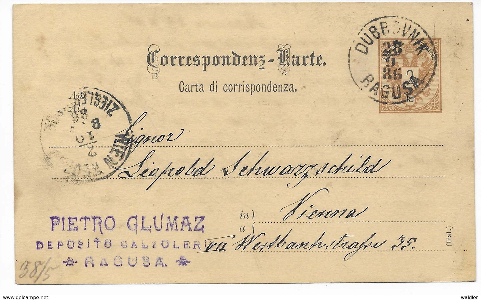 GANZSACHE  VON DUBROVNIK RAGUSA NACH WIEN  1886 - Covers & Documents