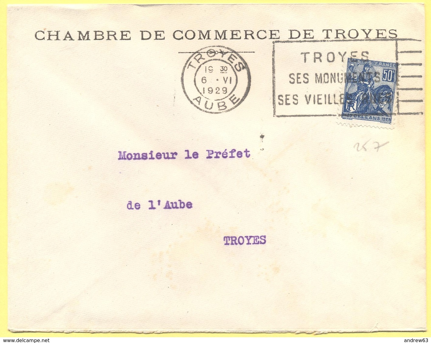 FRANCIA - France - 1929 - 50c Jeanne D`Arc + Flamme - Chambre De Commerce De Troyes - Viaggiata Da Troyes Per Troyes - Storia Postale