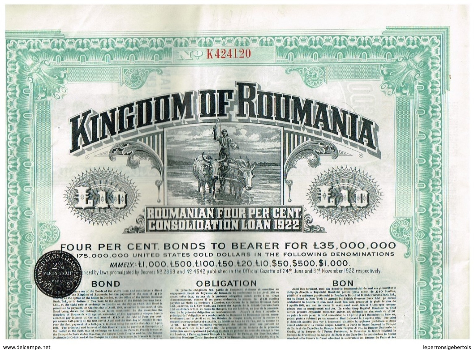 Obligation Ancienne - Lot De 4 Obligations Kingdom Of Roumania -Consolidated Loan 1922 - 4% - P - R