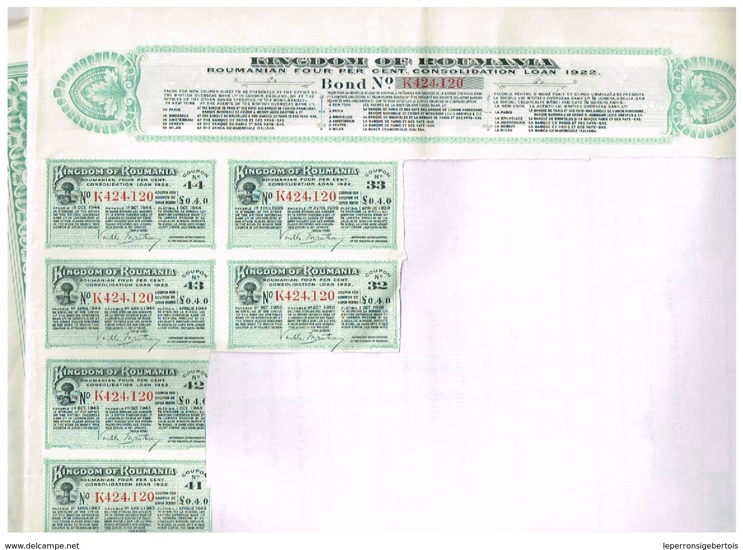 Obligation Ancienne - Lot De 4 Obligations Kingdom Of Roumania -Consolidated Loan 1922 - 4% - P - R