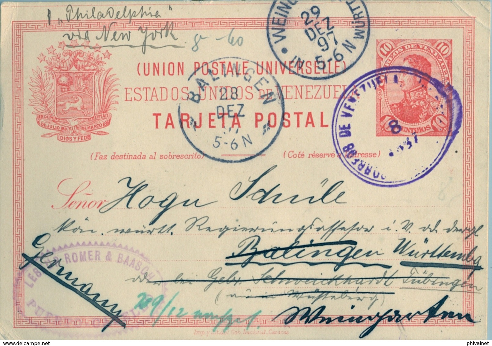 1897 , VENEZUELA , ENTERO POSTAL CIRCULADO , PUERTO CABELLO - BALINGEN , VIA NUEVA YORK , LLEGADA , REDIRIGIDO - Venezuela