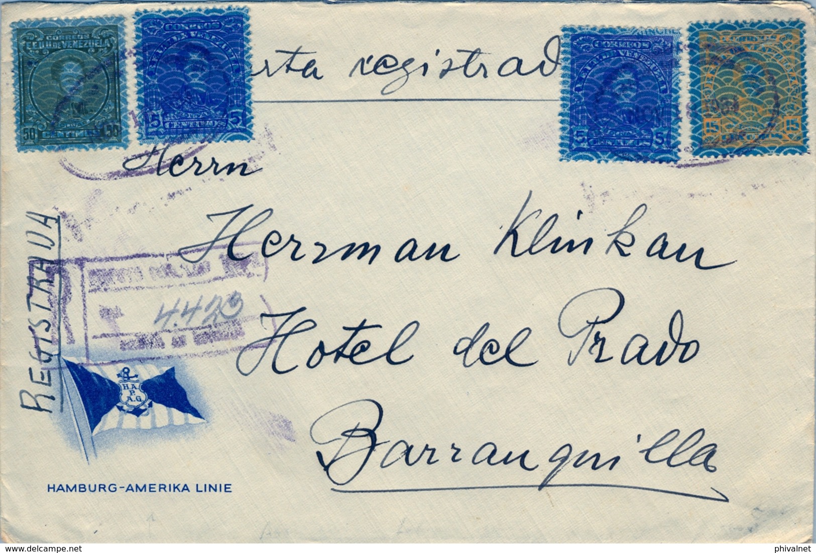 1934 , VENEZUELA , SOBRE DE LA HAMBURG - AMERIKA LINE CERTIFICADO A BARRANQUILLA - Venezuela