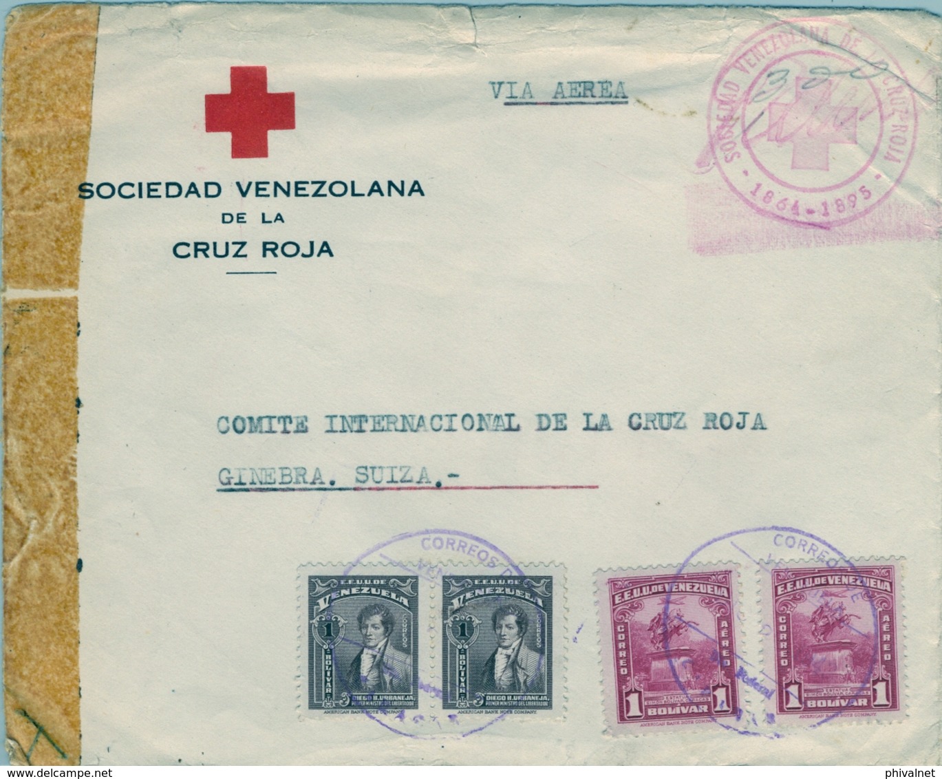 1944 , VENEZUELA , SOBRE DE LA SOCIEDAD VENEZOLANA DE LA CRUZ ROJA , CIRCULADO POR VIA AÉREA , CARACAS - GINEBRA - Venezuela