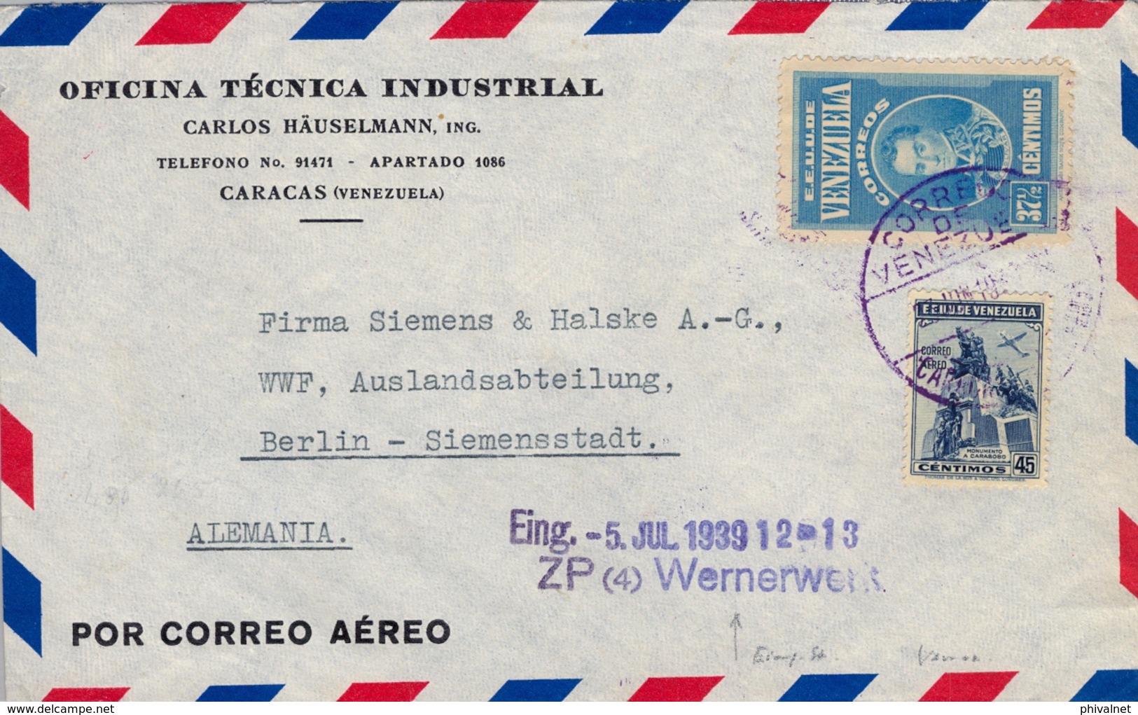 1939 , VENEZUELA , SOBRE COMERCIAL CIRCULADO , CARACAS - BERLIN , AL DORSO " POR AVION / DESDE CARACAS HASTA E.E.U.U. " - Venezuela