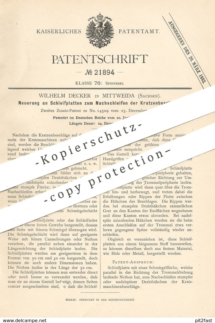 Original Patent - Wilhelm Decker , Mittweida / Sachsen , 1882 , Schleifplatten Zum Nachschleifen Der Kratzenbeschläge ! - Historische Dokumente