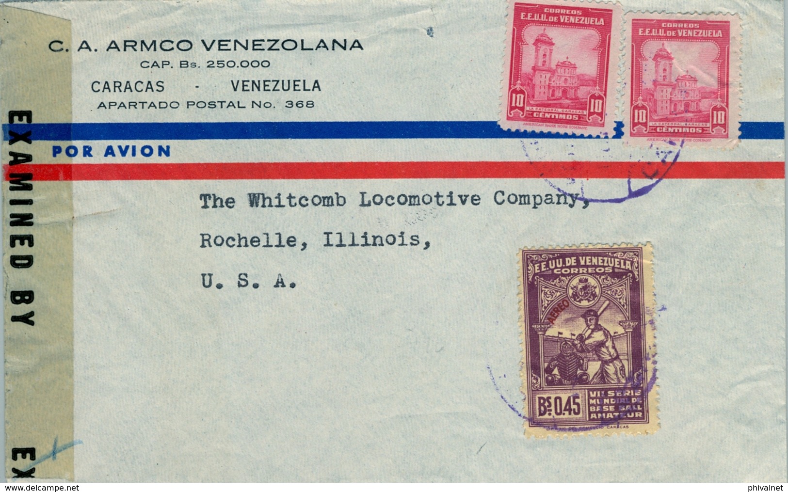 VENEZUELA , SOBRE COMERCIAL CIRCULADO , CARACAS - ROCHELLE , CENSURA , FR. VII SERIE MUNDIAL DE BASEBALL AMATEUR - Venezuela