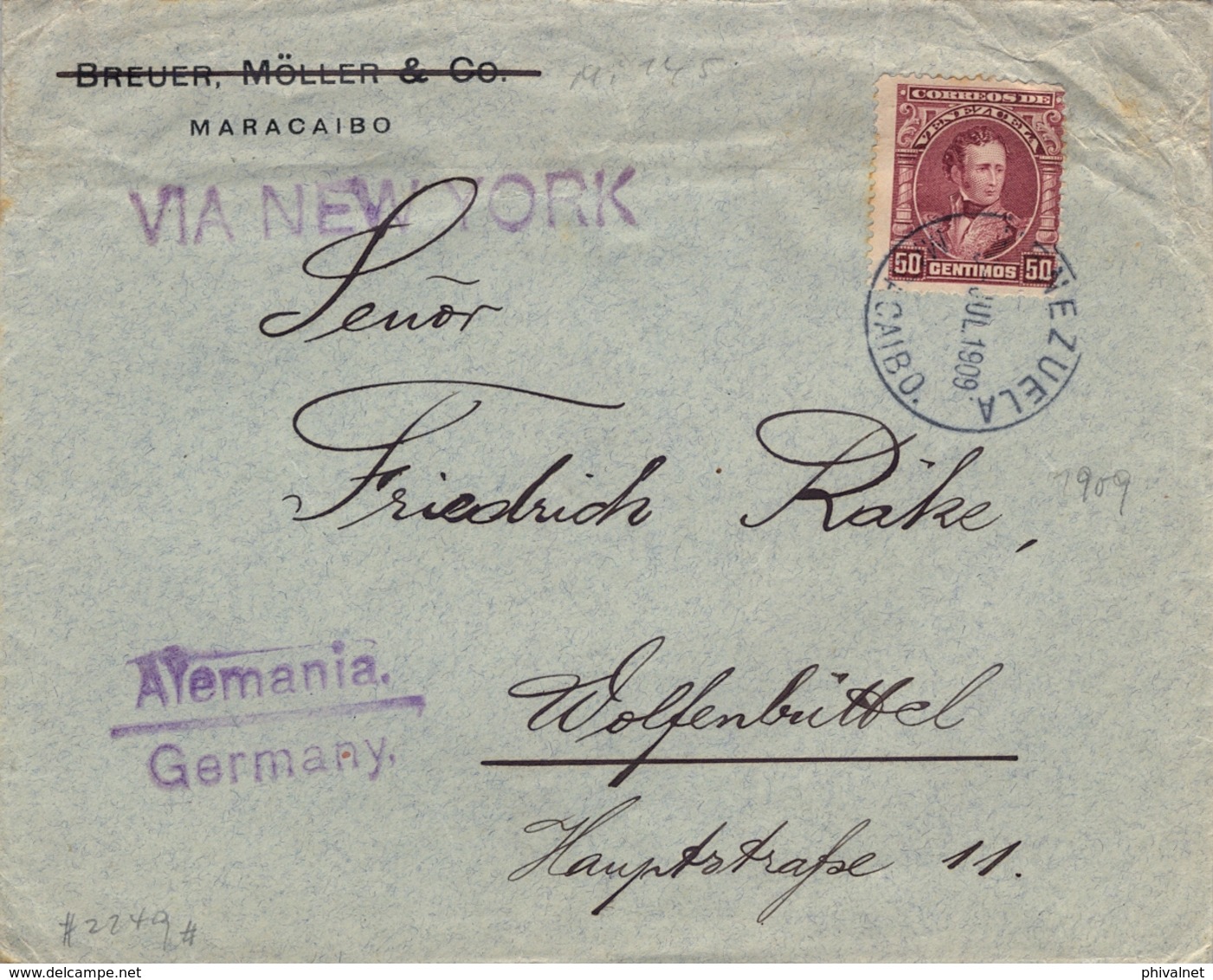 1909 , VENEZUELA , SOBRE COMERCIAL CIRCULADO , MARACAIBO - WOLFENBÜTTEL , VIA NUEVA YORK - Venezuela