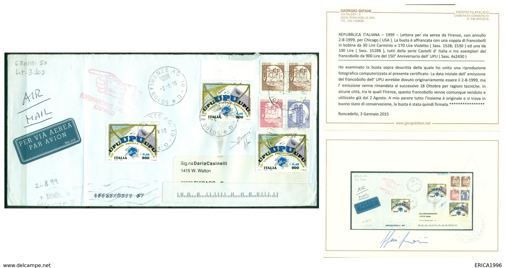 V7351 ITALIA 1999 REPUBBLICA ANTICIPO EMISSIONE Lettera Espresso Da Firenze 2.8.1999 Per Chicago Con 3 Valori Da 900 - 1991-00: Storia Postale