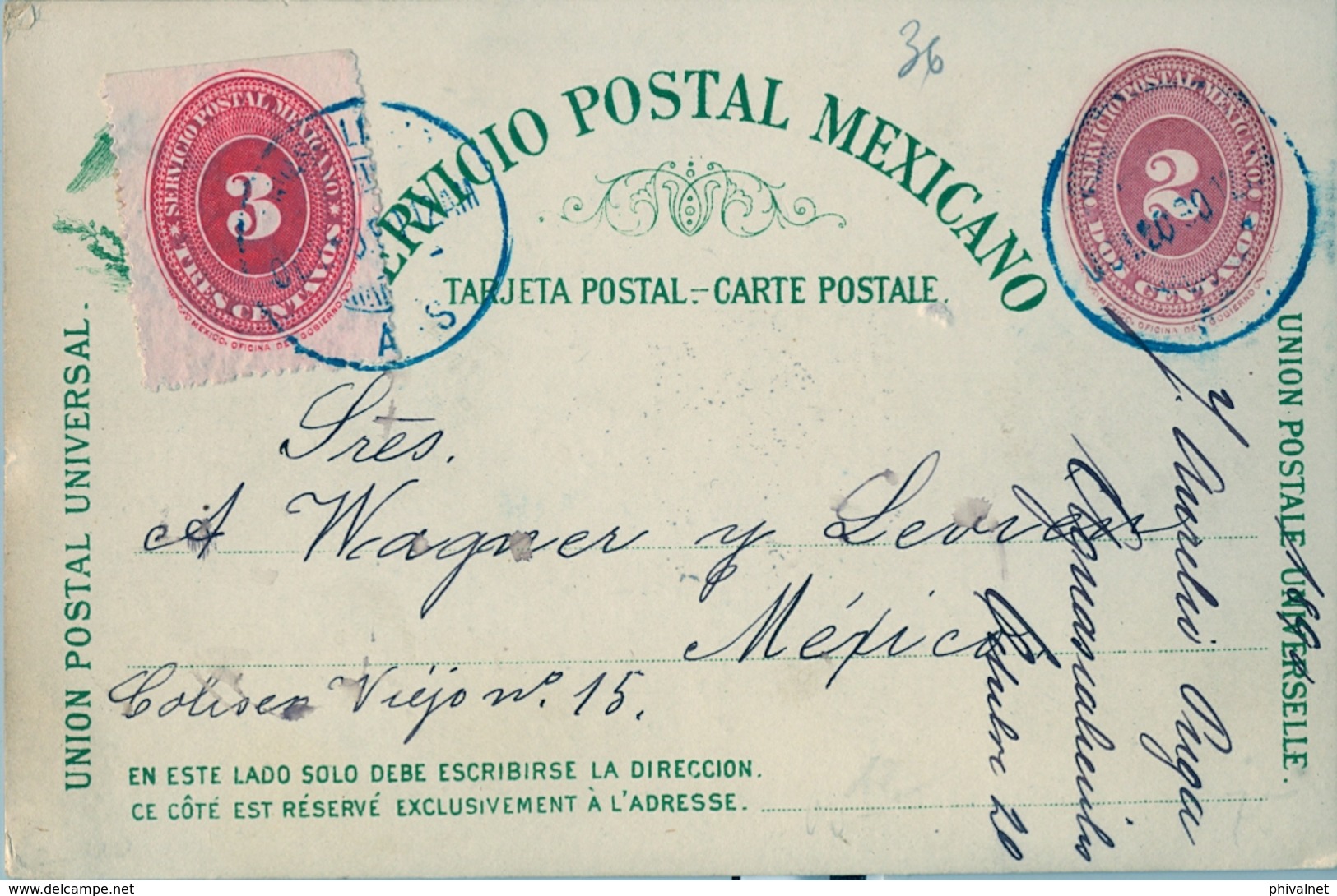 1890 , MÉXICO , ENTERO POSTAL CIRCULADO , AGUASCALIENTES - MÉXICO D.F. , FRANQUEO COMPLEMENTARIO, LLEGADA AL DORSO - México