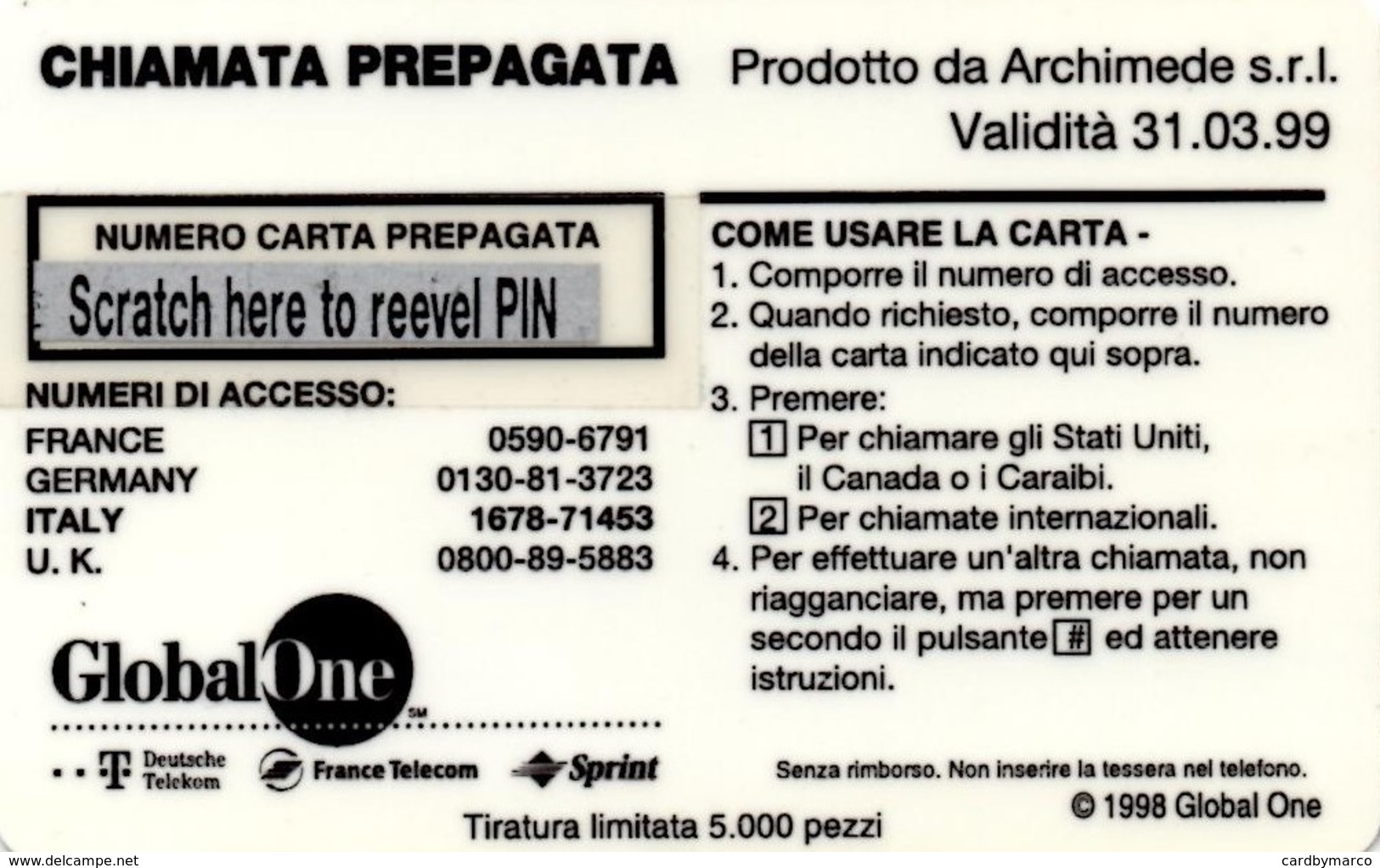 *ITALIA: GLOBAL ONE - MAPEI-BRICOBI* - Scheda NUOVA (MINT) - Cartes GSM Prépayées & Recharges
