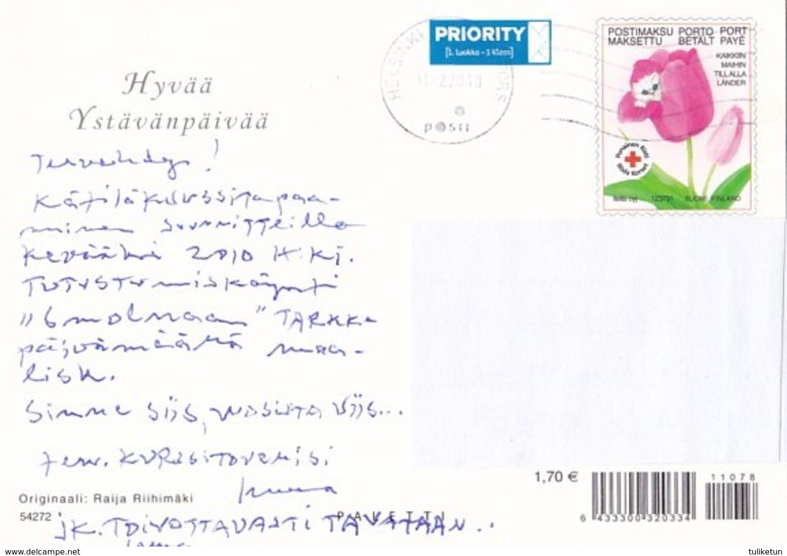 Cat - Kitten Looking In Flower By Raija Riihimäki - Red Cross - Finnish Post Itella Oyj - Postage Payed - Croix-Rouge