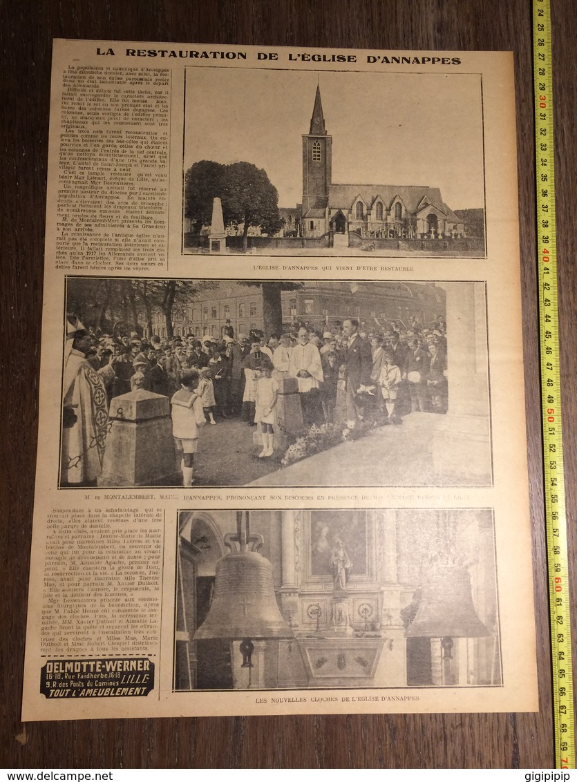 ANNEES 20/30 LA RESTAURATION DE L EGLISE D ANNAPPES M DE MONTALEMBERT MAIRE NOUVELLES CLOCHES - Collections