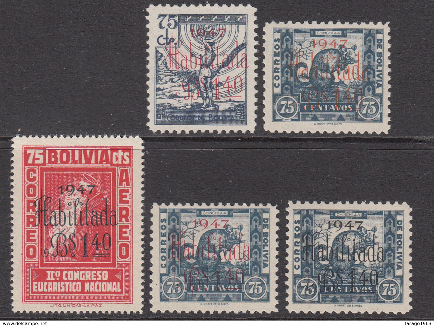 1947 Bolivia Habiltado Surcharges Overprints  Complete Set Of 5 MNH - Bolivia