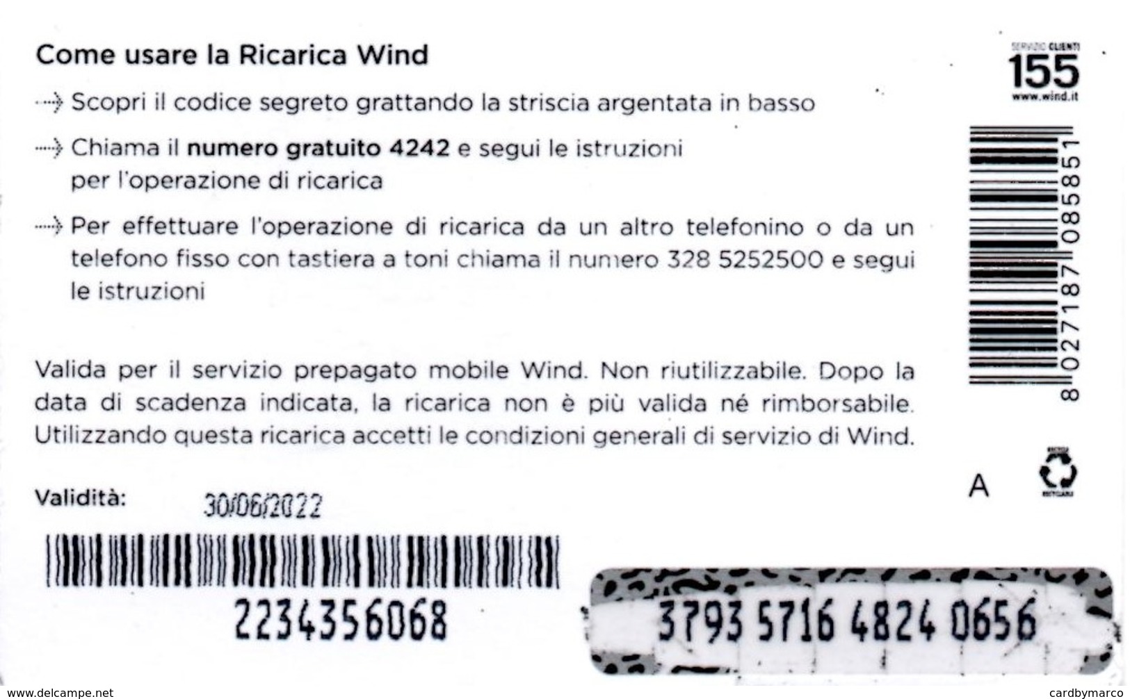 *ITALIA - WIND* - Ricarica Usata (sc. 30/06/2022) - [2] Tarjetas Móviles, Prepagadas & Recargos