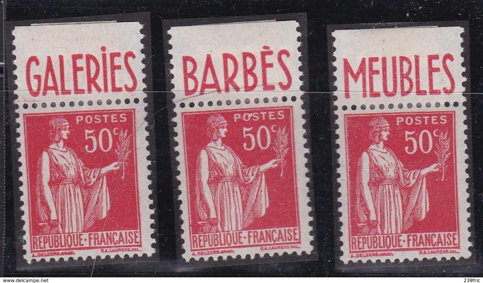 PUBLICITE: TYPE PAIX 50C ROUGE GALERIES-BARBES-MEUBLES X3 ACCP 816-817-818 NEUF* - Other & Unclassified