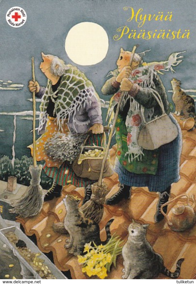 Easter Witches With Screaming Cats On The Roof - Inge Löök - Red Cross - Finland Post Itella Oyj - Postage Payed - Croix-Rouge