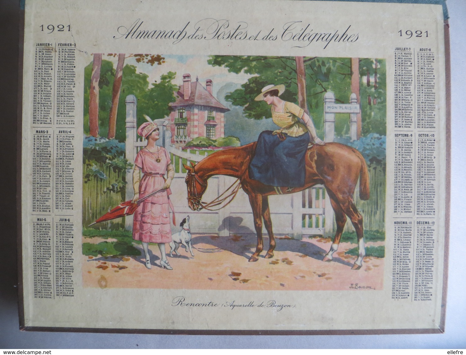 Autentique Almanach Des Postes Et Télégraphes 1921 - Rencontre Aquarelle De Beuzon Femme Art Déco Cheval Chien - Allier - Grand Format : 1921-40
