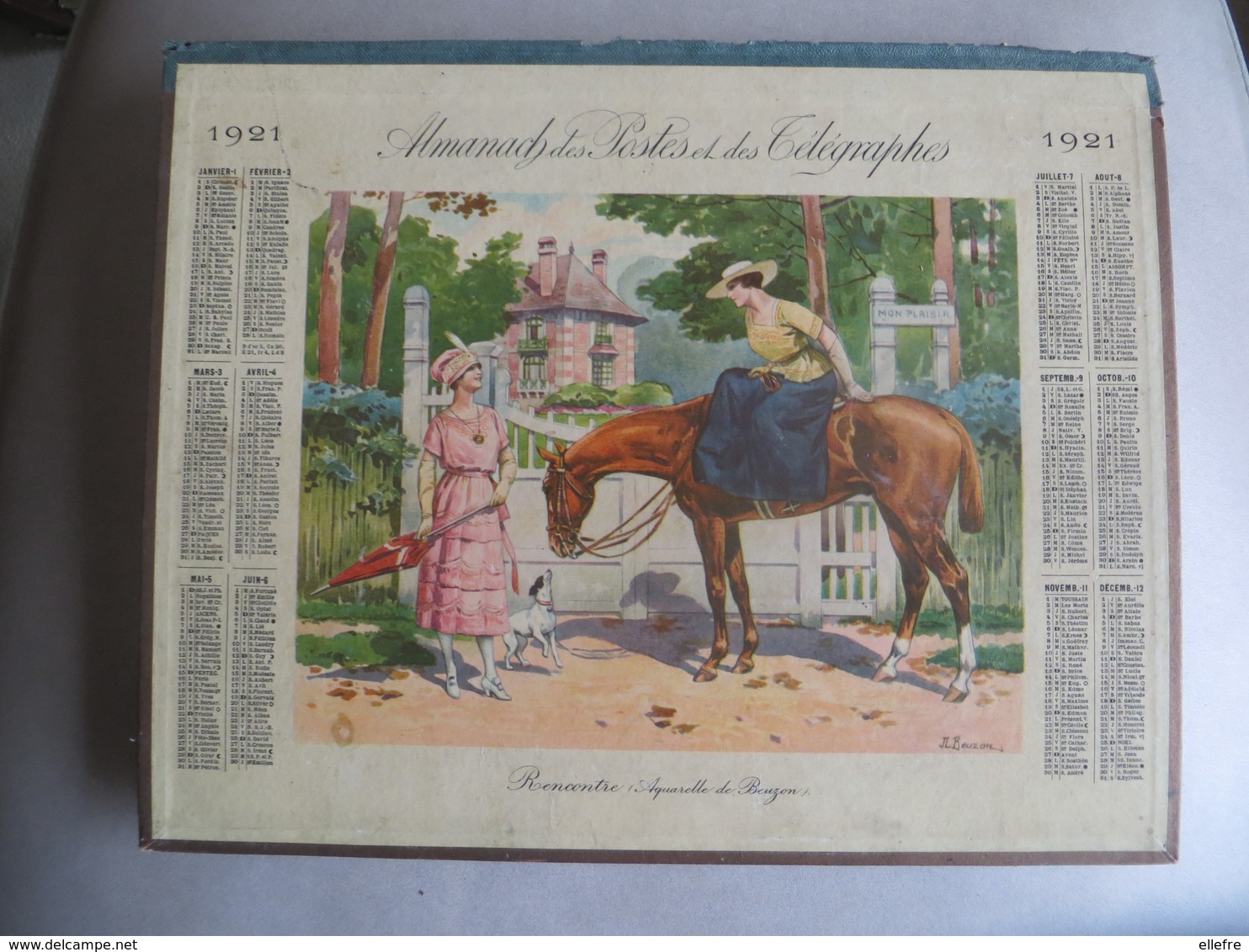 Autentique Almanach Des Postes Et Télégraphes 1921 - Rencontre Aquarelle De Beuzon Femme Art Déco Cheval Chien - Allier - Big : 1921-40