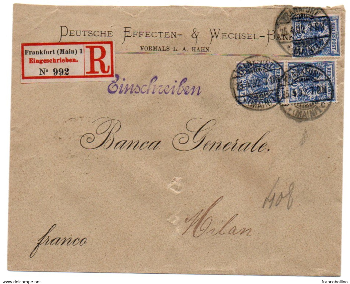 GERMANY - REGISTERED COVER TO ITALY 1892 / DEUTSCHE EFFECTEN & WECHSEL- BANK - Storia Postale