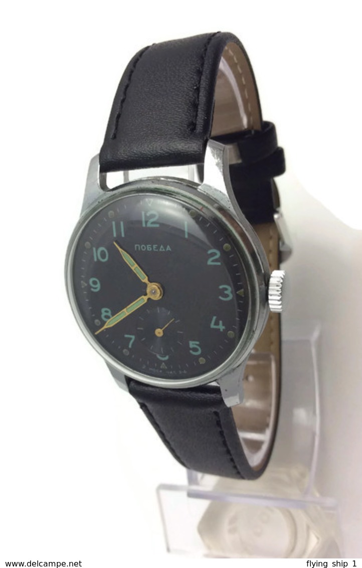 POBEDA watch 1956 Vintage Soviet USSR mens watch "Black" Victory 2MChz Soviet military watch + Bonus new leather strap.