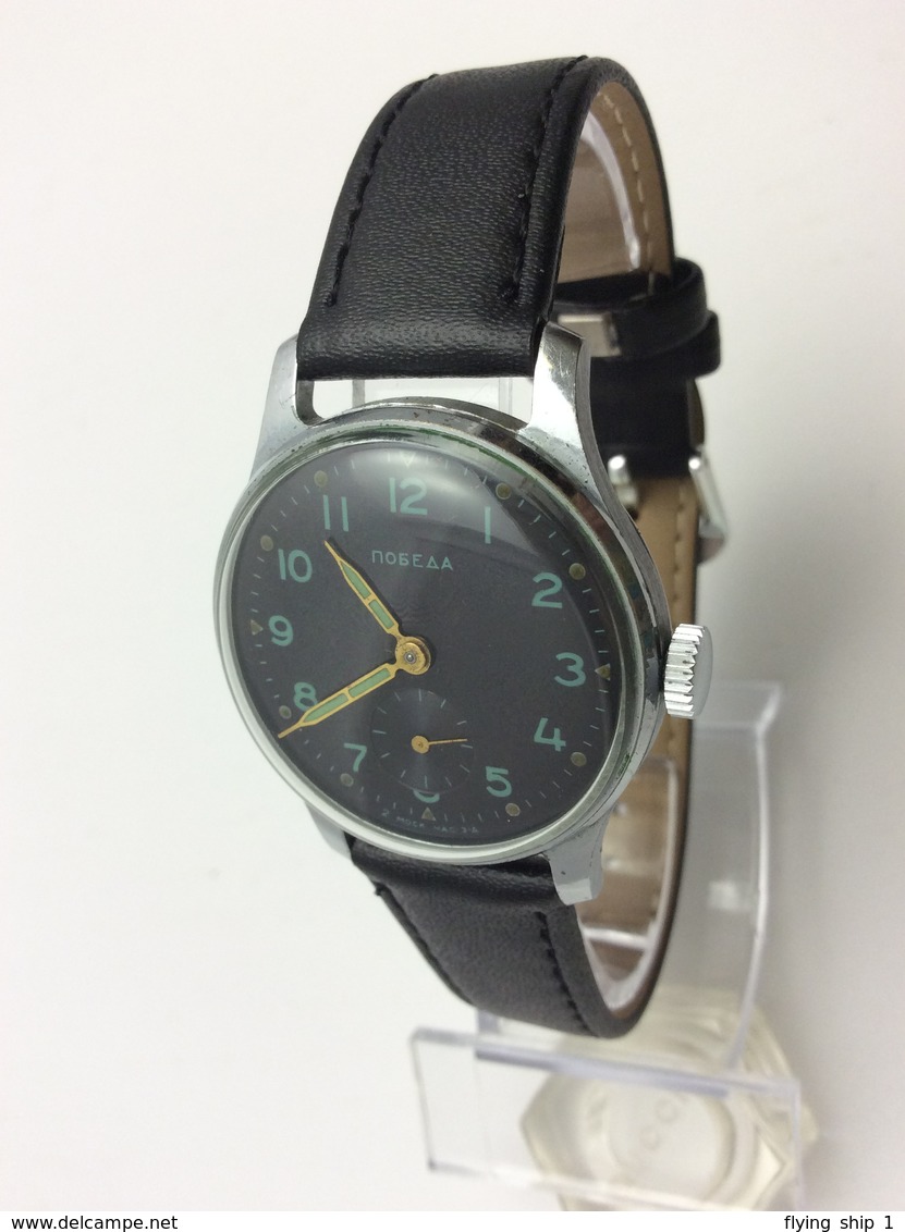 POBEDA watch 1956 Vintage Soviet USSR mens watch "Black" Victory 2MChz Soviet military watch + Bonus new leather strap.