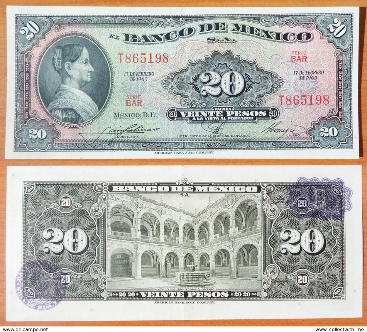 Mexico 20 Peso 1965 AUNC Purple Seal - Mexique
