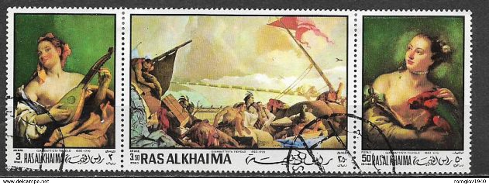 ARABIA DEL SUD-EST - 1970  RAS AL KHAIMA QUADRI DEL TIEPOLO YVERT. 55+POSTA AEREA 34 TRITTICO USATO VF - Collezioni (in Album)