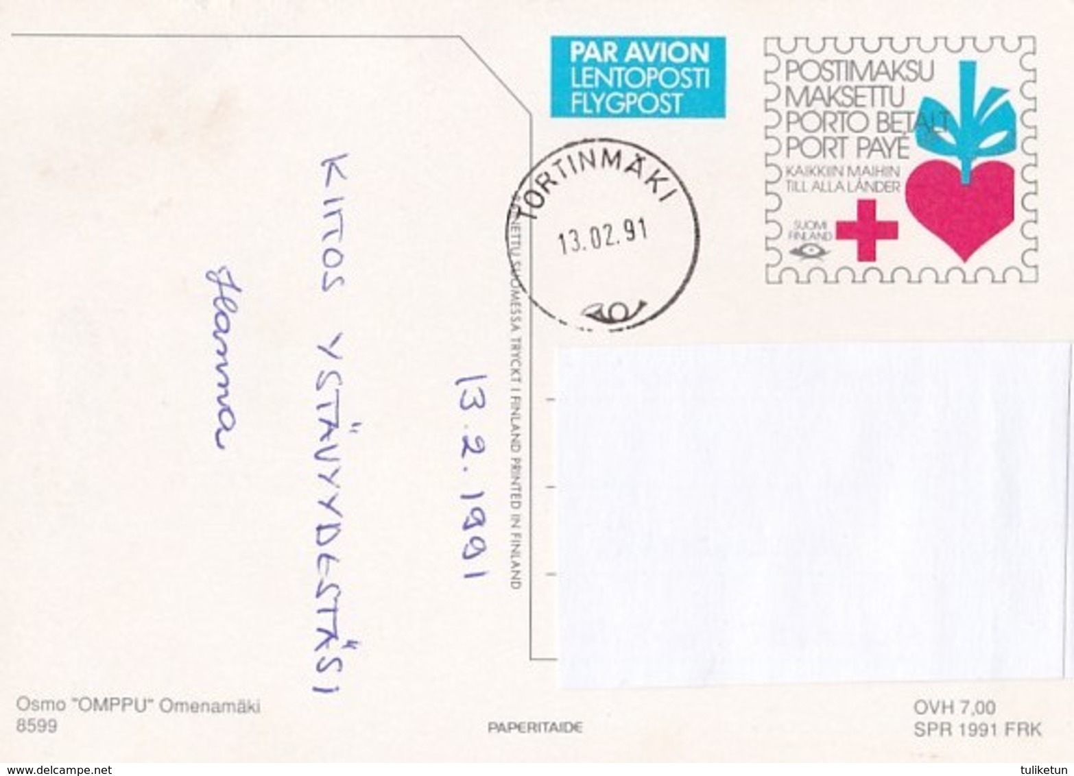 Phone Call To Friend - For Friendship By Osmo "OMPPU" Omenamäki - Red Cross 1991 - Suomi Finland - Postage Payed - Croix-Rouge