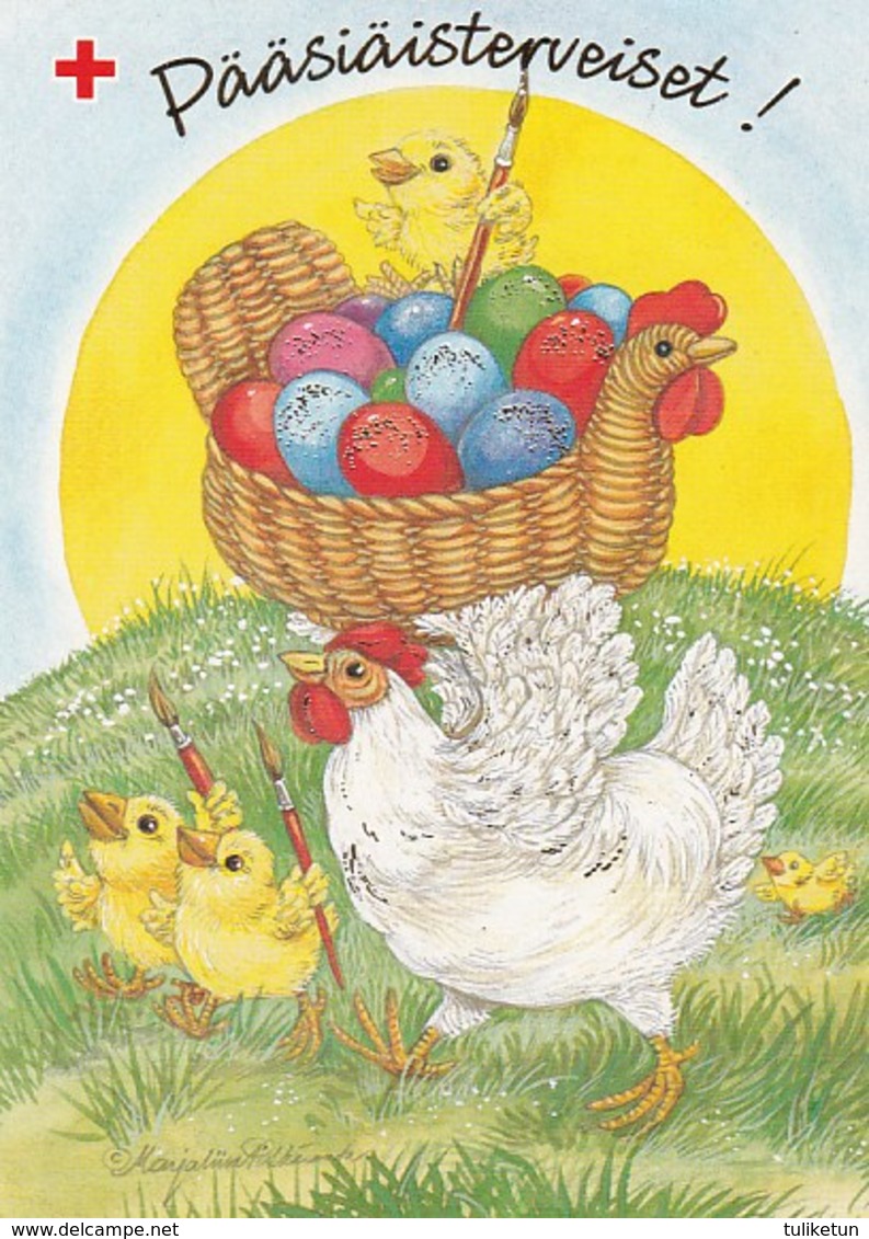 Chick And Chicken Are Painting Eggs - Marja-Liisa Pitkäranta - Red Cross 1994 - Suomi Finland - Postage Payed - Croix-Rouge