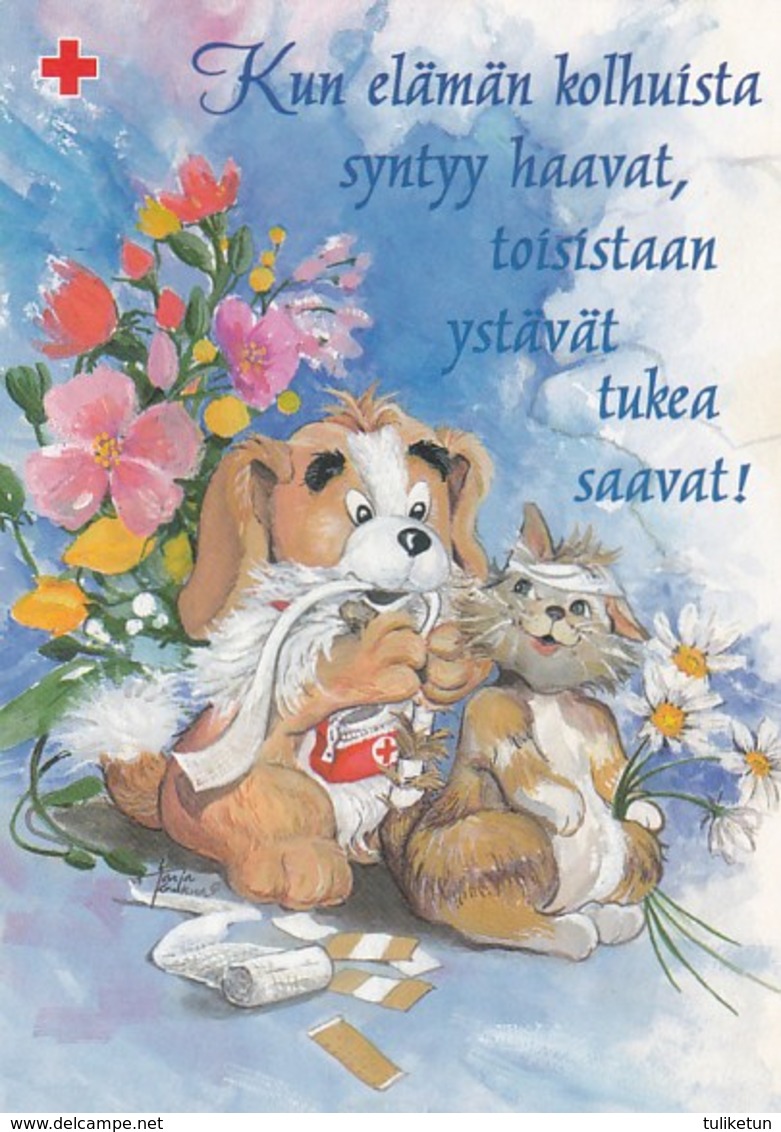 The Dog Is Tying The Wounds And Helping Bunny - Red Cross 1999 - Suomi Finland - Postage Payed - Croix-Rouge