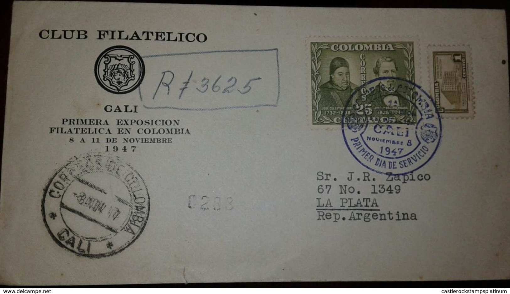 O) 1947 COLOMBIA,JOSE CELESTINO MUTIS  AND JOSE JERONIMO TRIANA SCT 555 25c - VIRREINATO OF NEW GRANADA-BOTANY, TASA PAR - Colombia