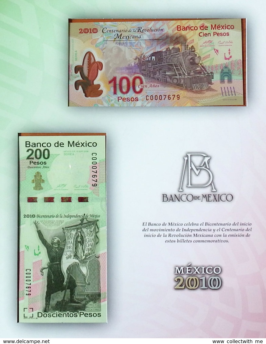 Mexico 100 And 200 Pesos 2010 UNC With The Same S/numbers C0007679 In Folder - Messico