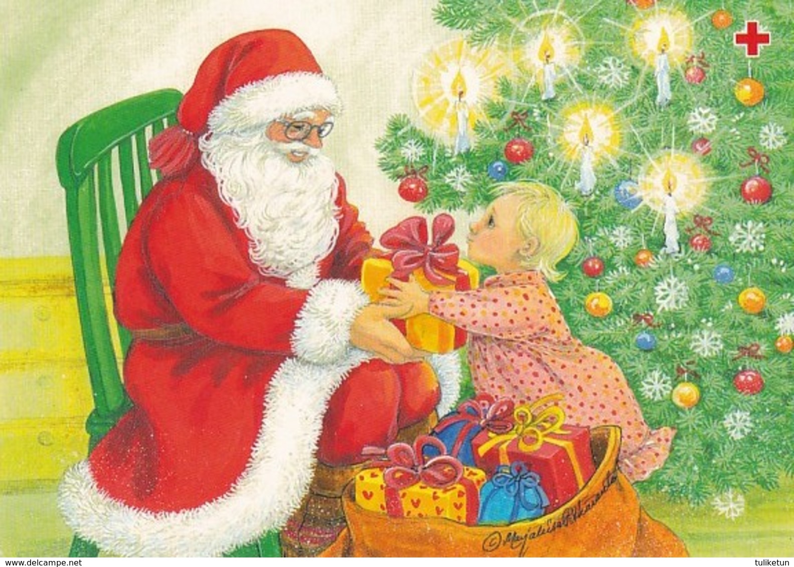 Girl Is Giving Christmas Present To Santa Claus - Pitkäranta - Red Cross 1996 - Suomi Finland - Postage Paid - Croix-Rouge