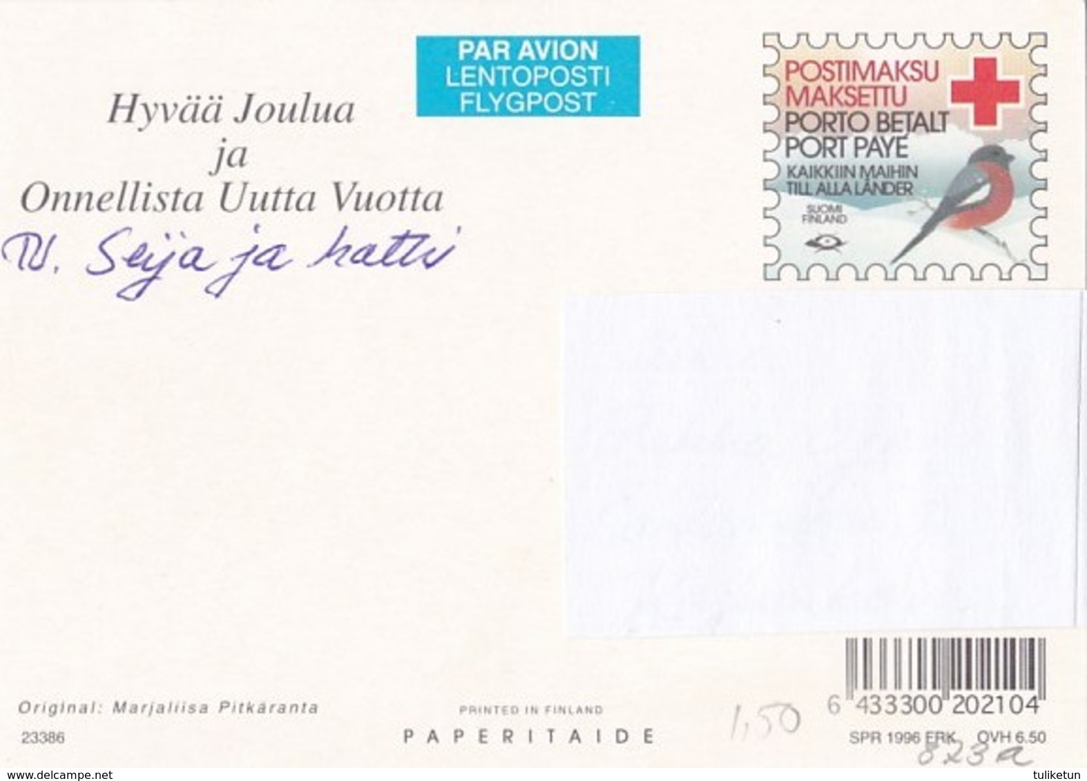 Girl Is Giving Christmas Present To Santa Claus - Pitkäranta - Red Cross 1996 - Suomi Finland - Postage Paid - Croix-Rouge