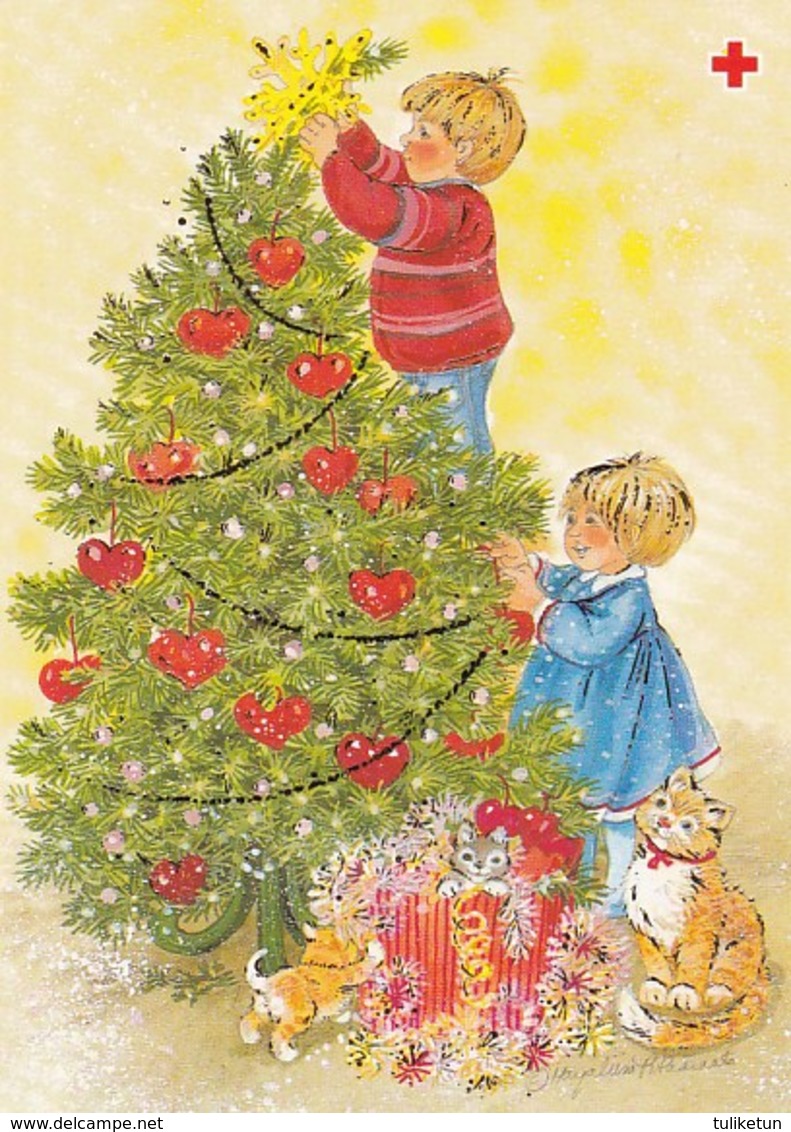 Children Decorating The Christmas Tree - Kittens Playing - Pitkäranta - Red Cross 1991 - Suomi Finland - Postage Paid - Croix-Rouge