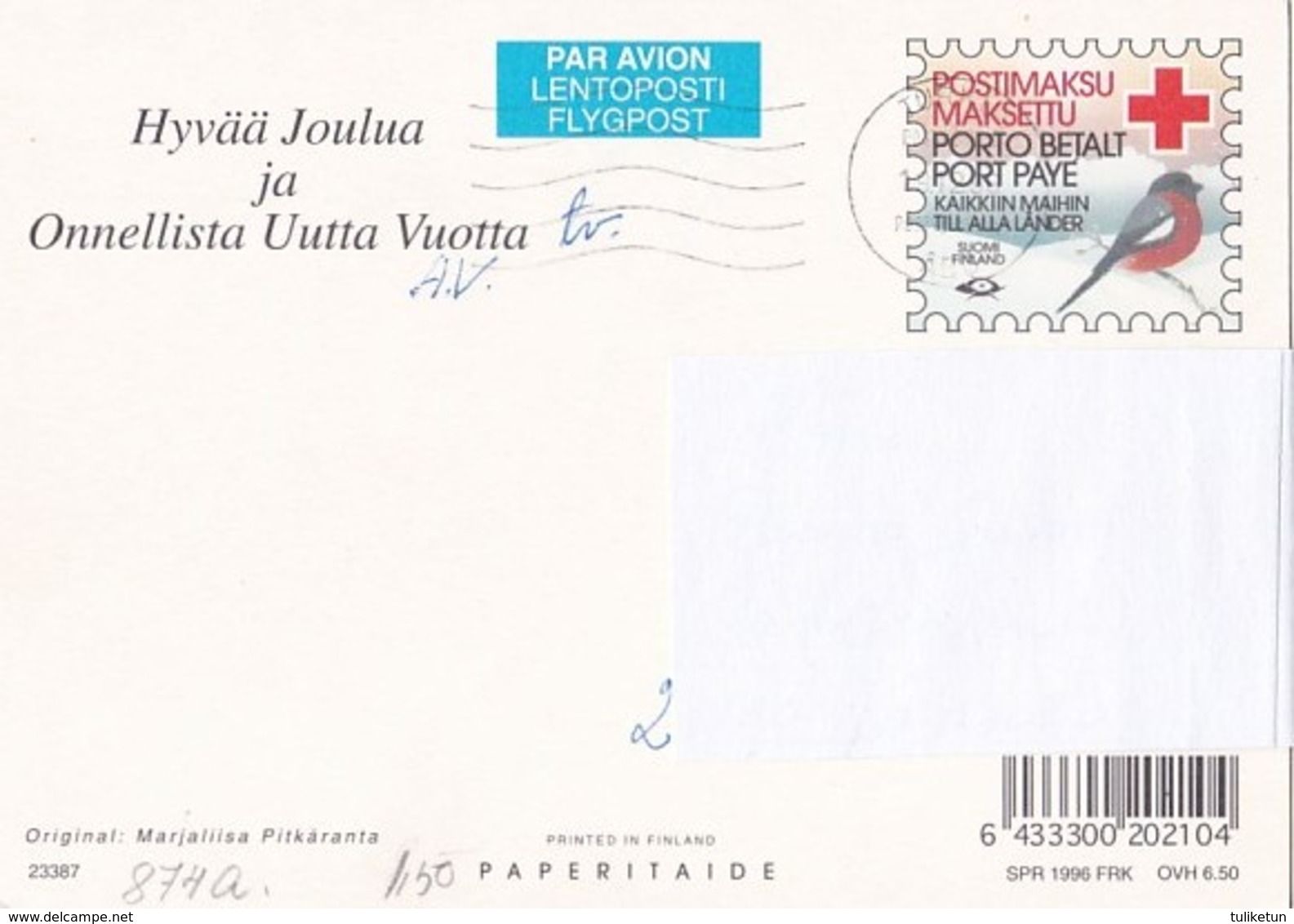 Santa Claus And Brownies Are Bringing Christmas Presents - Red Cross 1996 - Suomi Finland - Postage Payed - Croix-Rouge