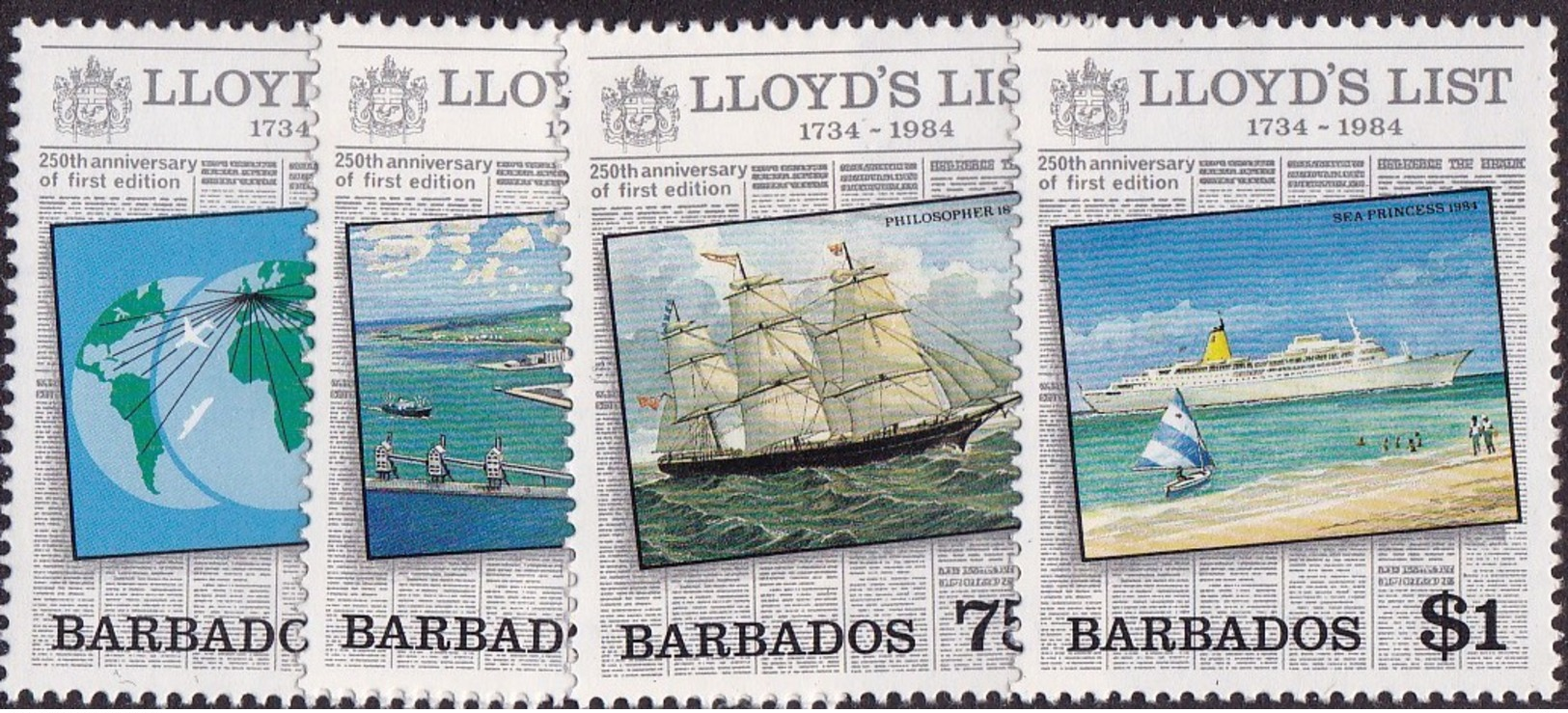 Barbados (Sc #627-30) MNH (Complete Set Of 4)  Lloyds List (1984)s1 - Barbades (1966-...)