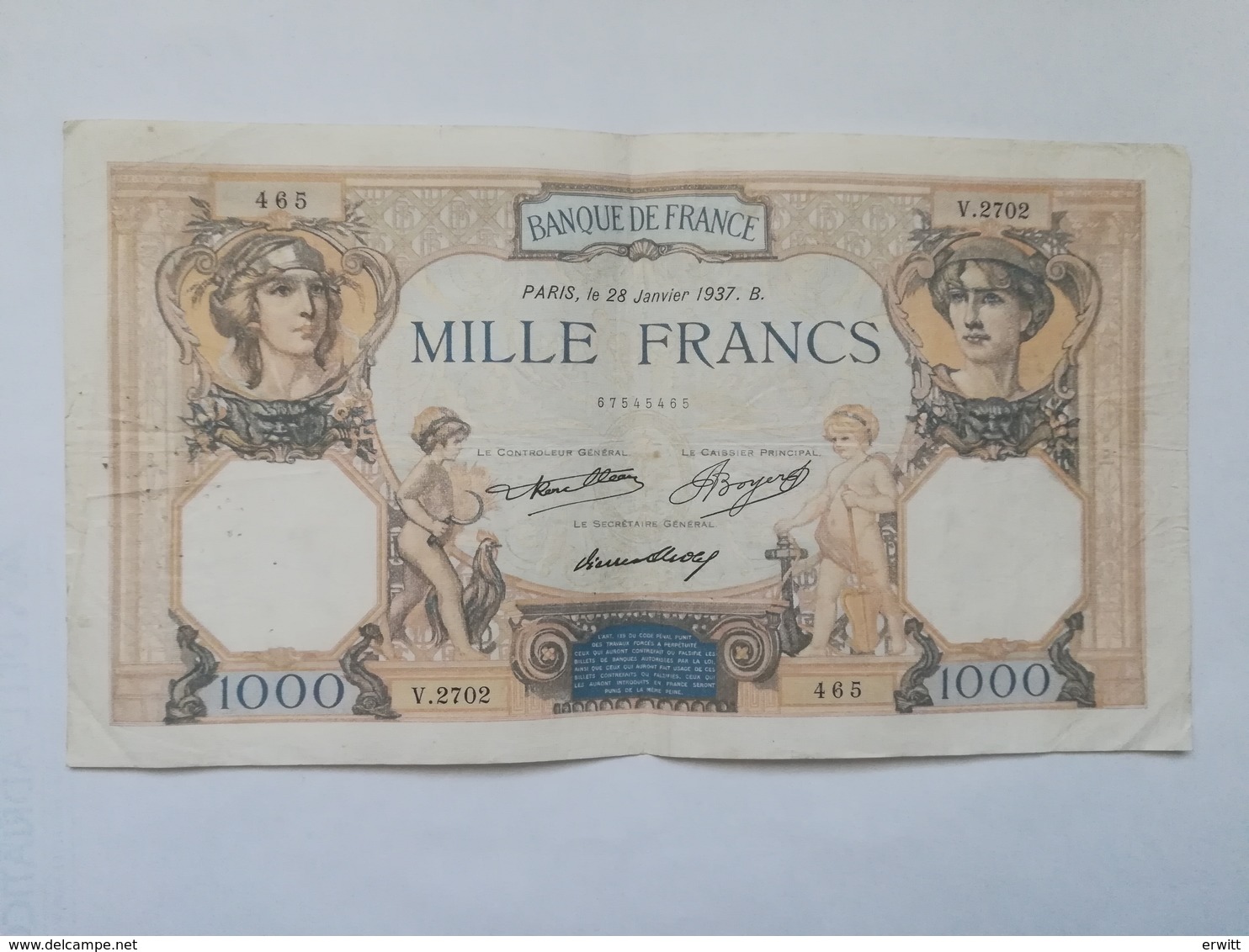 FRANCIA 1000 FRANCS 1937 - 1 000 F 1927-1940 ''Cérès Et Mercure''