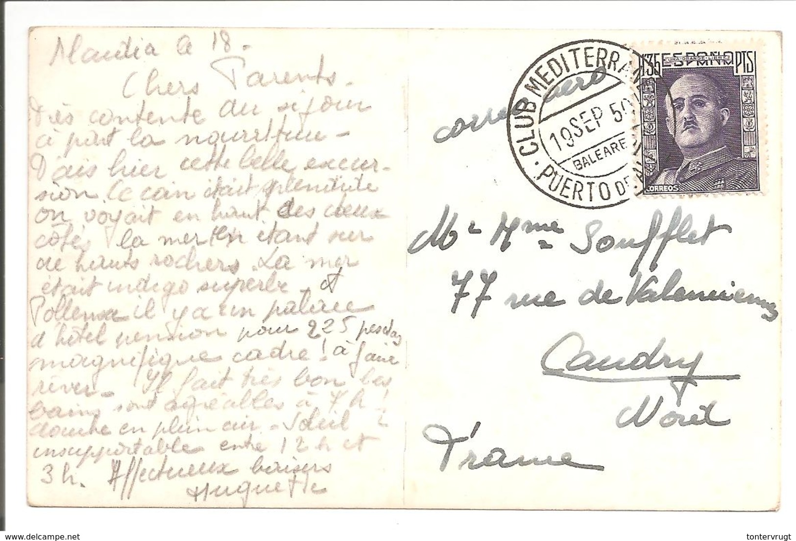 Club Mediterraneo Baléares Puerto De Alcudia. Franco Num 1061 SEUL CP Aero France 1950 - Cartas & Documentos