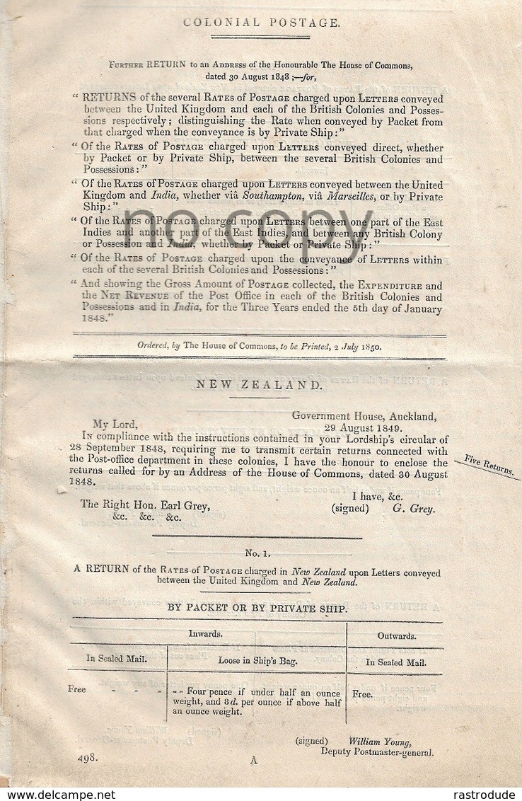 1850 - COLONIAL POSTAGE - PARLIAMENTARY DOCUMENT - RETURNS OF POSTAGE RATES BETWEEN THE UNITED KINGDOM AND BRITISH COLON - Post