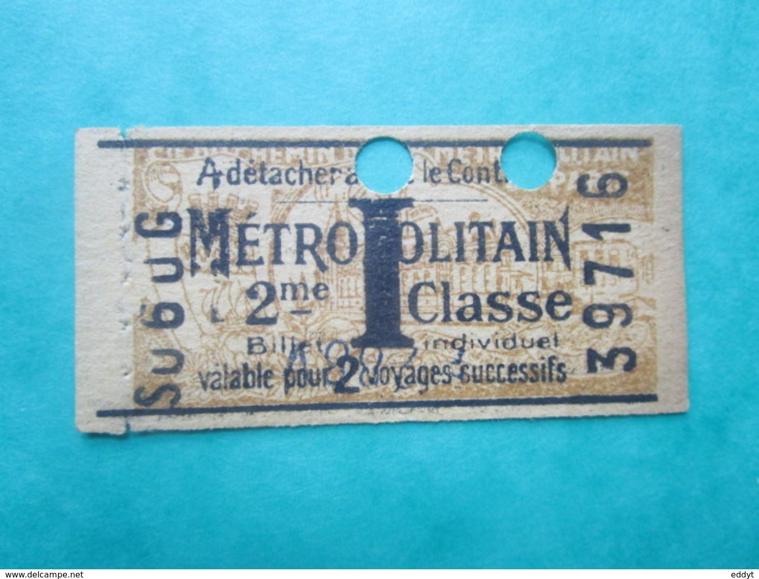 ANCIEN TICKET - Métropolitain - PARIS " I " (valable Pour 2 Voyages) 2° Classe - BE - Monde