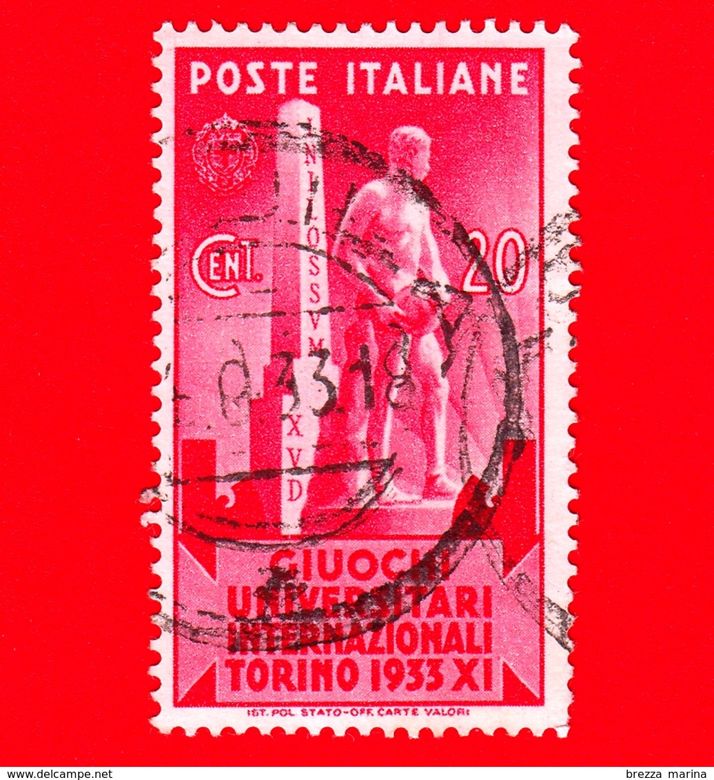 ITALIA - Usato - 1933 - Giuochi Universitari Internazionali - Stele Mussolini E Statua - 20 C. - Used