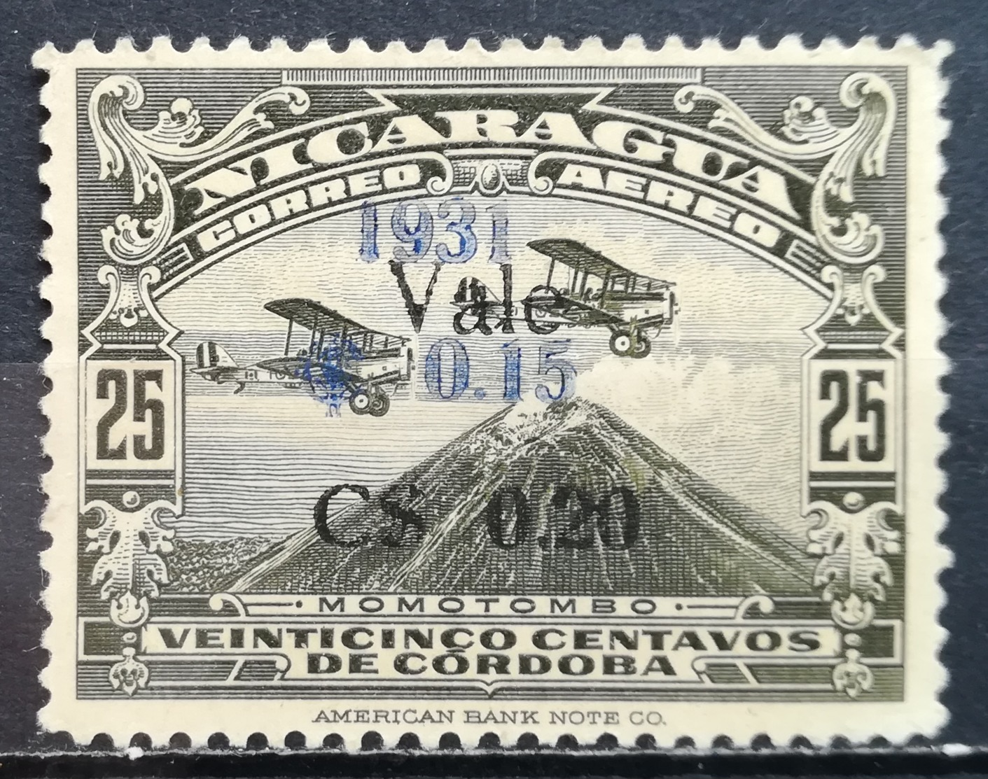 1931 NICARAGUA MNH Airplanes Over Mount Momotombo DOUBLE Overprint In New Value BLACK AND BLUE - Nicaragua