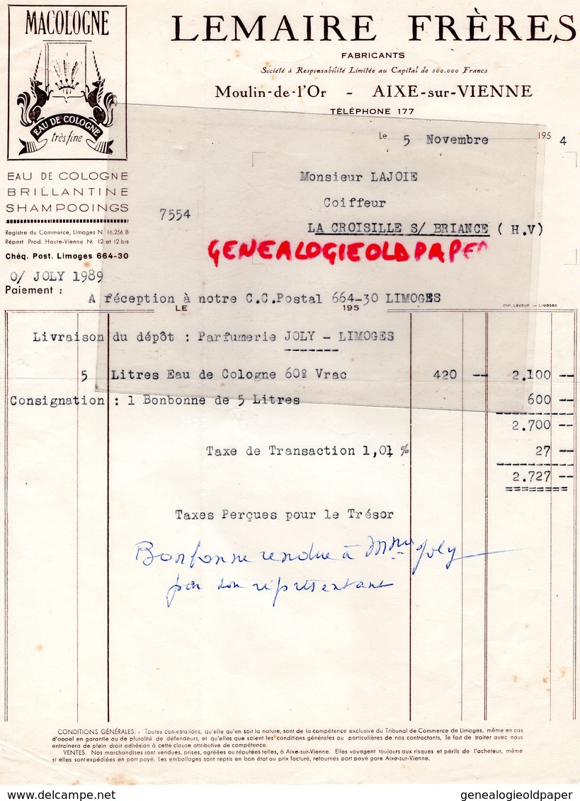 87 - AIXE SUR VIENNE- RARE FACTURE LEMAIRE FRERES - MOULIN DE L'OR - FABRICANTS MACOLOGNE- EAU DE COLOGNE -1954 - Perfumería & Droguería