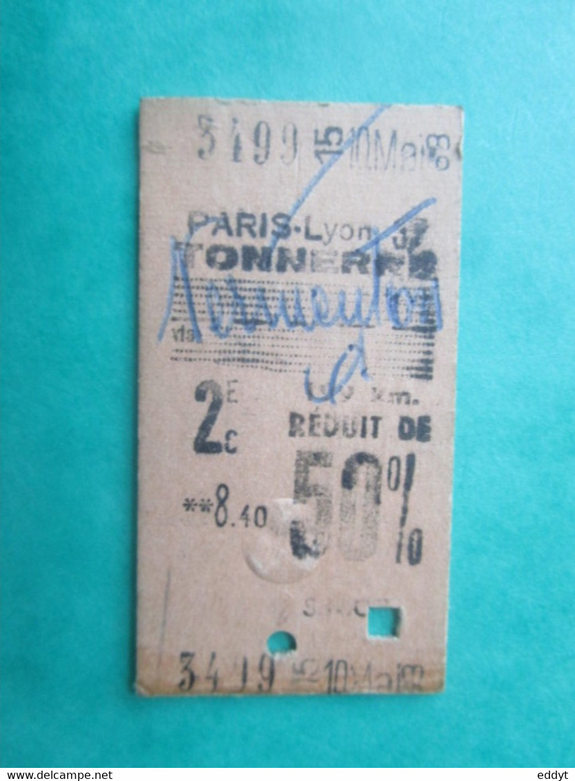 ANCIEN TICKET SNCF Métro PARIS - 2° Classe - 50 % Réduit -  GARE PARIS - LYON - Tonnerre - 1963 - TBE - Mundo