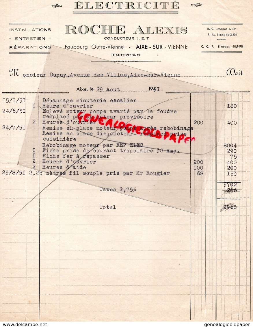 87 - AIXE SUR VIENNE - RARE FACTURE ROCHE ALEXIS- ELECTRICITE - FAUBOURG OUTRE VIENNE -1951 - Elektriciteit En Gas