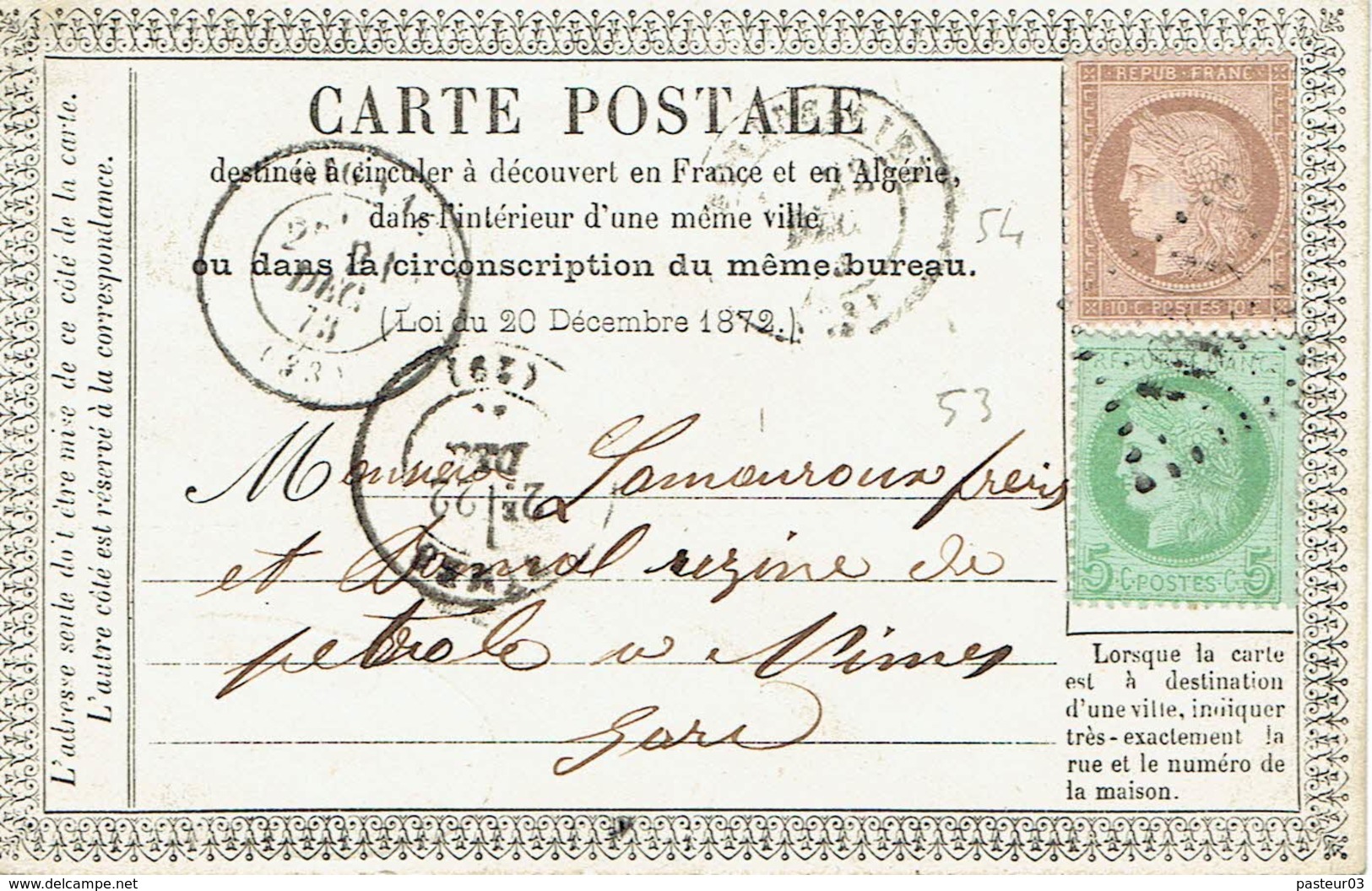 54 + 53 Cérès Repub Franc 10 C. Brun Rose Et 5 C. Vert Jaune Carte Postale Pour Nimes 21-12-1873 - 1871-1875 Cérès