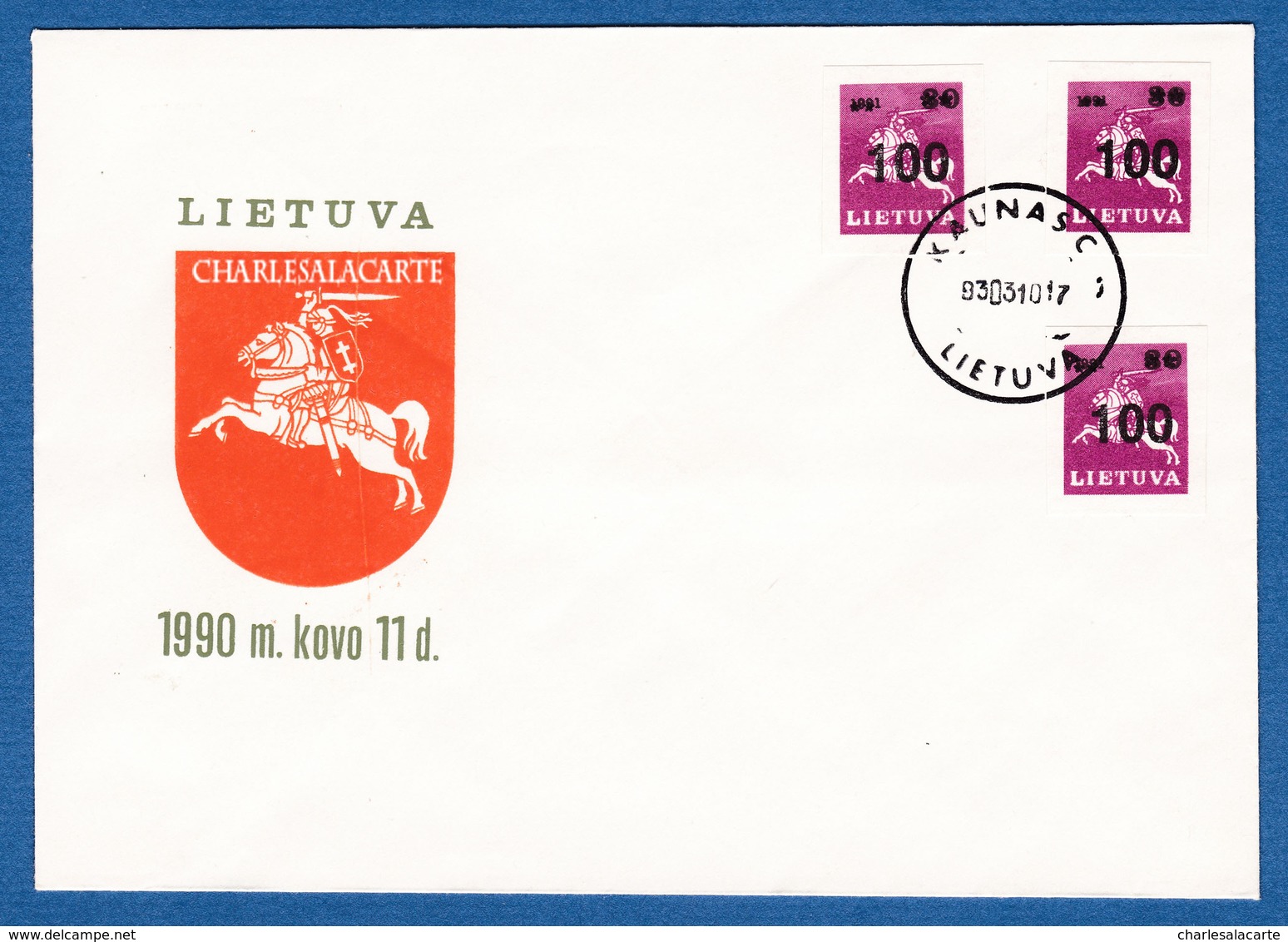 LITHUANIA 1993 F.D.C. 100 OVERPRINT DEFINITIVE NO ADDRESS  MICHEL 522 - Lituanie